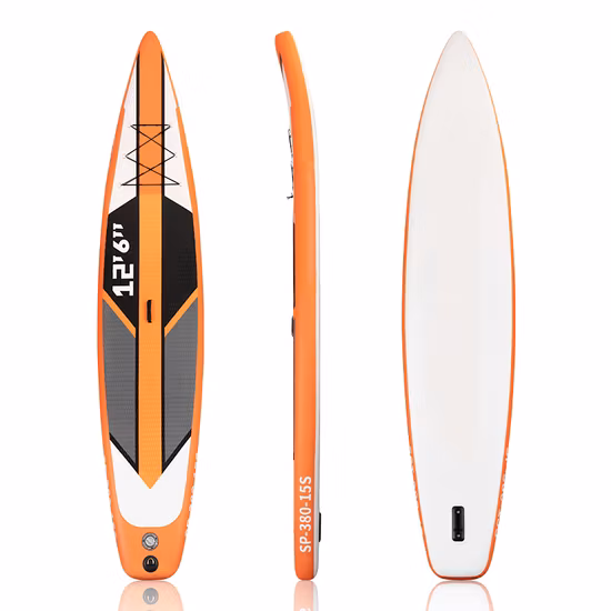 La venta al por mayor de China modifica la tabla de paddle surf inflable para requisitos particulares del diseño 12′ 6, kit de tabla de sup de carrera, con accesorios